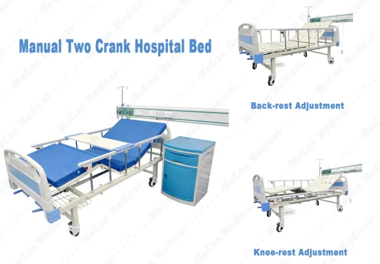 Cama de hospital manual de manivela médica com cabeceiras de ABS